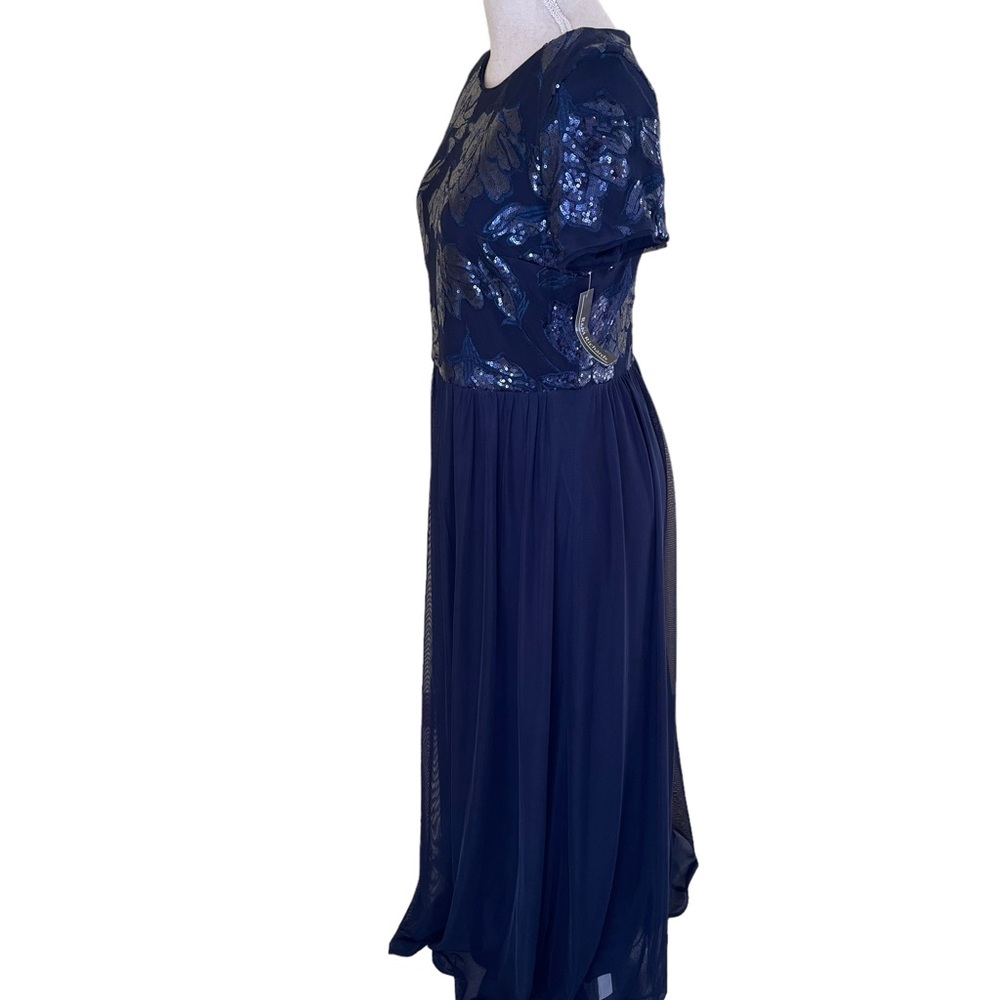 R&M Richards Navy Blue Sequined Bodice Short Sleeve Mesh Skirt Formal Dress - Picture 7 of 13